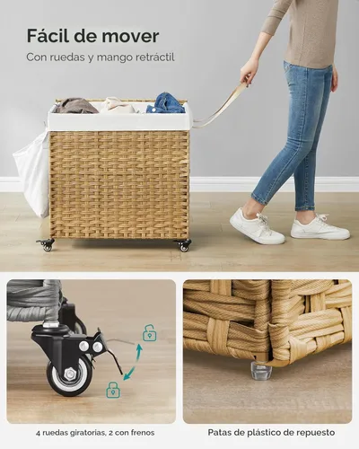 Miniatura 4 de SONGMICS Cesta de lavandería con tapa, 37 galones (140 L), canasta rodante para ropa con ruedas, 3 secciones de ratán sintético, forro extraíble