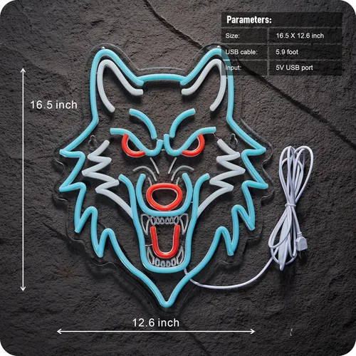 Miniatura 5 de Letrero de neón de lobo, luz LED de lobo, alimentado por USB, decoración de pared de animales atenuables, regalos de Navidad para niños y hombres