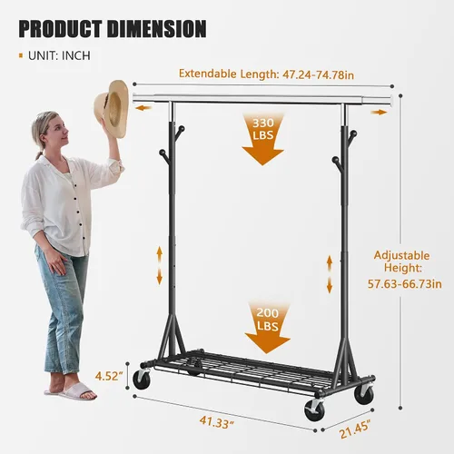 Miniatura 8 de Gewudraw Estante de ropa resistente con carga de 900 libras, estante comercial de doble barra con ruedas y estantes resistentes, estante colgante