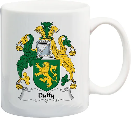 Duffy Coat of Arms/Duffy Family Crest Taza de cerámica para café/cacao de 11 onzas por Carpe Diem Designs, fabricada en los Estados Unidos