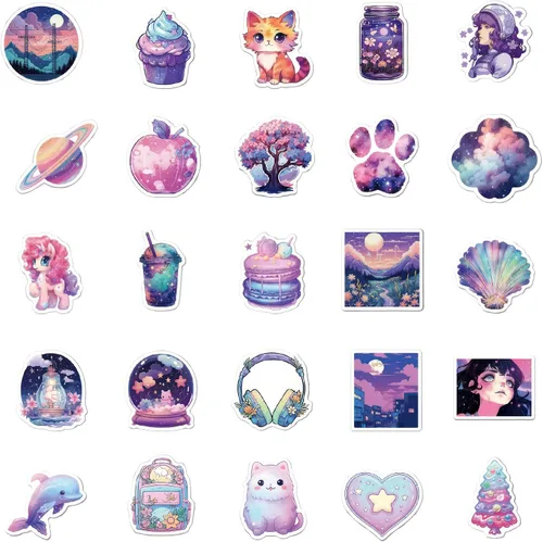 Miniatura 2 de 50 calcomanías de fantasía mágica de medianoche – Calcomanías Kawaii para botellas de agua para niños y adolescentes – Púrpura, estética y bonita