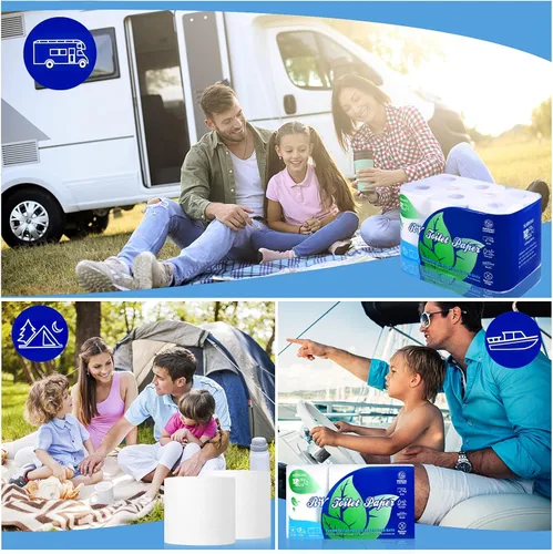 Miniatura 6 de Papel higiénico RV de disolución rápida, 2 capas, seguro séptico, biodegradable, 500 hojas, 12 rollos, papel higiénico de campamento para caravanas