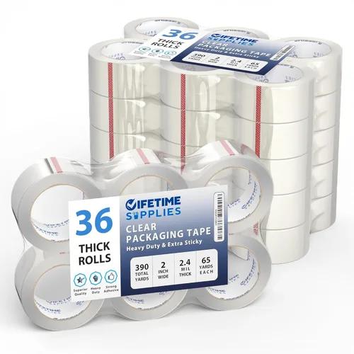 Lifetime Supplies 36 Rollos [Actualizado] Cinta de Embalaje Premium Transparente, 65 Yardas, 2.2 mil, Cinta de Embalaje Resistente para Envíos,