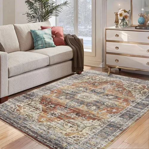Miniatura 18 de JOLENE.K Alfombra oriental lavable de 6 x 9 pies, suave, con estampado envejecido, vintage, antideslizante, resistente a las manchas, de pelo bajo