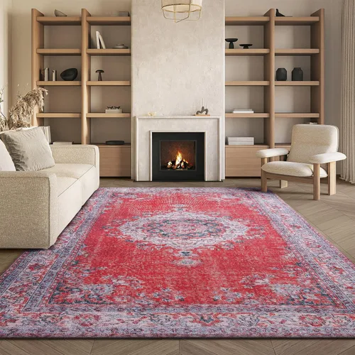 Miniatura 8 de SAFAVIEH Tucson Collection - Alfombra lavable de 2 pies 6 pies x 8 pies, rojo y beige, antideslizante y fácil de limpiar, ideal para pasillo