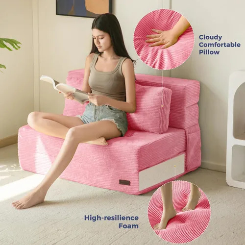 Miniatura 8 de MAXYOYO Sofá Cama Convertible, Sofá Cama Plegable con Almohada, Sofá Cama Plegable Acolchado 4 en 1, Sofá Cama de Espuma para el Piso, Silla Rosa