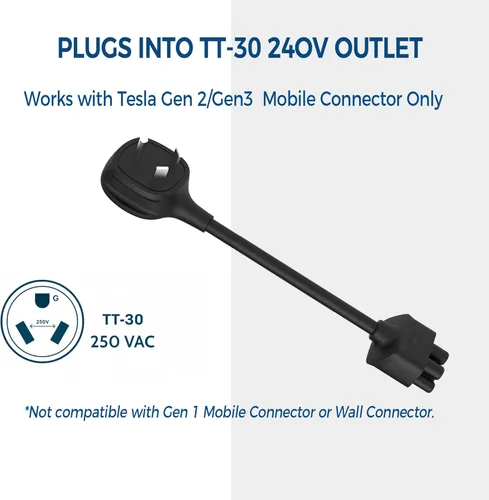 Miniatura 3 de Adaptador premium para cargador móvil Tesla Gen 2 Conecte a una toma de corriente de 240 V Carga de 24 amperios Longitud de 10 pulgadas (TT-30)