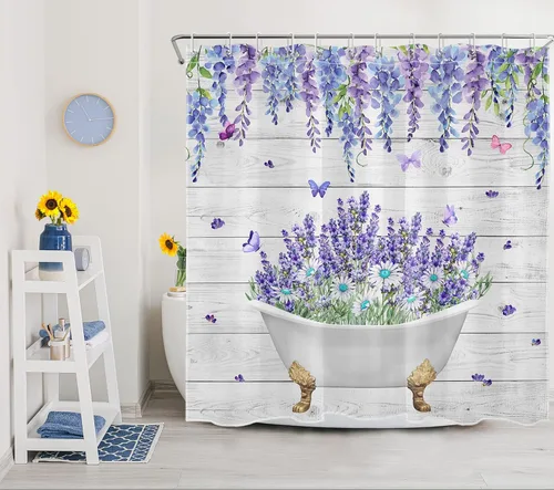 Miniatura 4 de LB Juego de cortinas de ducha de mariposa y flores con alfombras, margaritas y morado lavanda, hojas de eucalipto, cortina de ducha verde