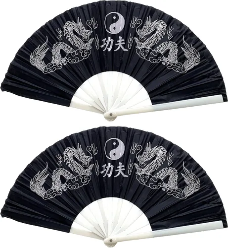 Miniatura 2 de Paquete de 2 abanicos de mano plegables grandes con dragones chinos para decoración del hogar, raves, festivales, conciertos, espectáculos - 13 Negro