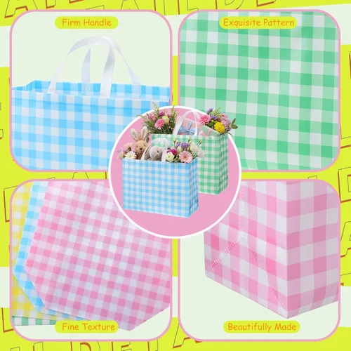 Miniatura 4 de Colarr 12 piezas bolsas de mano de Pascua extra grandes con asa, bolsa de regalo de primavera, no tejida, a cuadros búfalo, impermeable