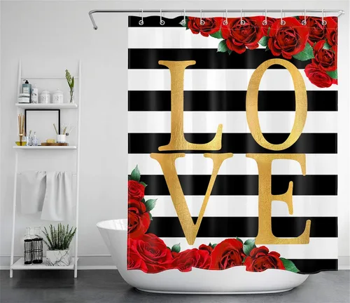 Miniatura 2 de LB Cortina de ducha con diseño de flores rojas y rosas para el día de San Valentín, diseño de hojas verdes y doradas, cortinas de ducha para baño