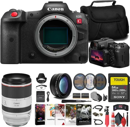 Canon Cámara de cine sin espejo EOS R5 C (5077C002) + lente Canon de 2.756-7.874 in (3792C002) + tarjeta SD resistente Sony de 64 GB + kit de filtro