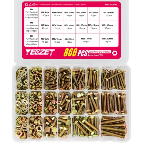 Miniatura 4 de Juego surtido de 860 piezas de pernos métricos de grado 8.8, juego surtido de pernos y tuercas M4 M5 M6, 14 tamaños más comunes, 32.8-131.2 ft