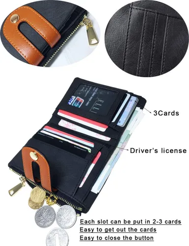 Miniatura 16 de AOXONEL Cartera pequeña de cuero plegable Rfid para mujer, con cremallera, bolsillo para tarjeta de identificación, delgada, compacta y delgada