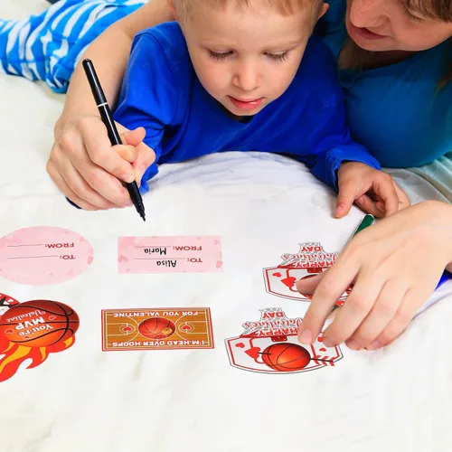 Miniatura 5 de Geyee Cajas de San Valentín de baloncesto con 4 tarjetas diferentes para intercambio de oficina, fiesta, 1 buzón, 16 tarjetas, 2 touchdown
