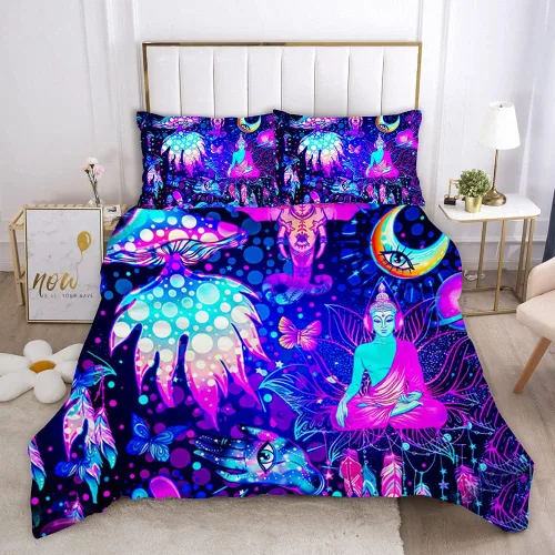 Miniatura 13 de Juego de funda de edredón psicodélico de fantasía con diseño de hongos psicodélicos, galaxia, verde cielo, morado, diseño de hongos estrellados, #1