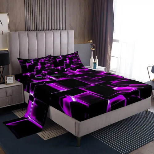 Miniatura 33 de Erosebridal Juego de sábanas de cama negro y rojo, juego de sábanas de tamaño individual abstracto moderno, sábanas a cuadros brillantes 3D, juego