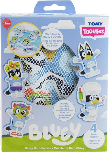 Tomy Toomies Bluey Bath Puzzle - Mezcla y combina Bluey Puzzle - Juguetes de baño de espuma para niños pequeños - Incluye bolsa de malla de