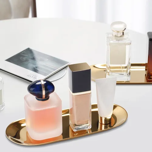 Miniatura 3 de Bandeja de acero inoxidable para toallas/platos, bandejas de almacenamiento de té/frutas, organizador de cosméticos y joyas, dorado, ovalado
