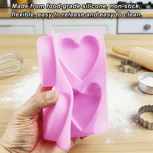 Miniatura 4 de Moldes de silicona con forma de corazón, 4 moldes de jabón en forma de corazón, moldes de chocolate para hacer jabón, dulces, pasteles, velas, Rosa-B