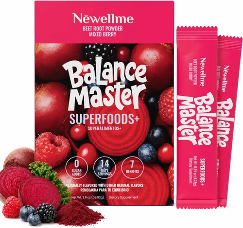 NEWELLME Balance Master Super Reds - Polvo de raíz de remolacha para batidos, hornear y jugos, mezcla de frutas rojas y verduras para energía
