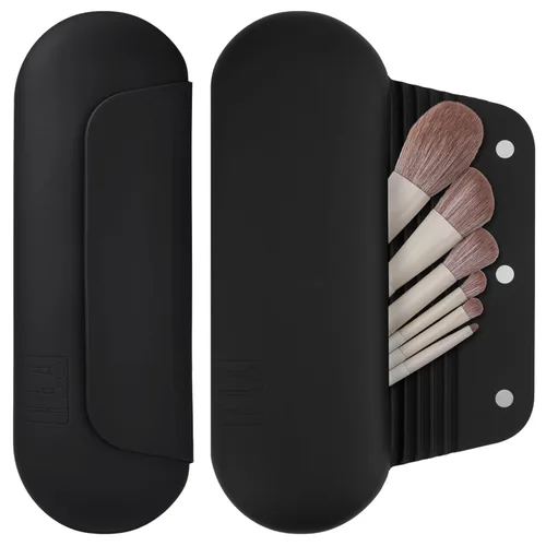 AGIKET Soporte de silicona para brochas de maquillaje, bolsa de cosméticos de viaje: soporte suave y portátil para cepillos faciales con cierre Negro