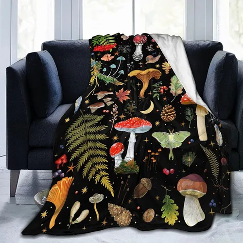 Manta de franela de vellón de hongos, manta de felpa ligera y acogedora para dormitorio, sala de estar, sofá o sillón, 50 x 40 pulgadas