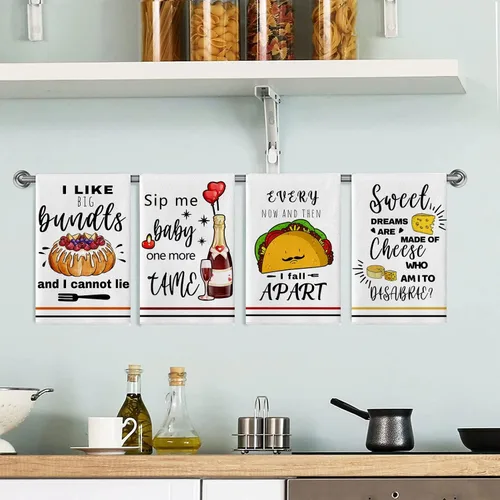 Miniatura 4 de Toallas de Cocina Divertidas y Paños de Cocina, Juegos de 4 Toallas de Cocina con Dichos de Queso Bundts, Toalla de Té Absorbente de Secado