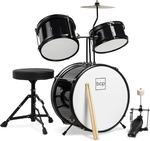 Best Choice Products Juego de batería para principiantes de 3 piezas para niños y jóvenes, con taburete de trono, platillo, baquetas, pedal de Negro