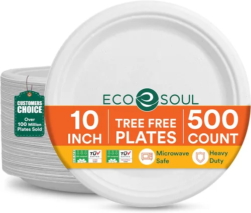Miniatura 16 de ECO SOUL Compostable Paper Plates 9 Inch, 500 Pack – Heavy Duty Disposable Dinner Paper Plates, White Bagasse, Leak-Resistant, Microwave Safe