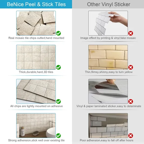 Miniatura 5 de BeNice Adhesivos de pared gruesos de mosaico de piedra autoadhesiva para cocina, azulejos en muro de baño, 12 x 12 pulgadas (beige, 10 hojas)