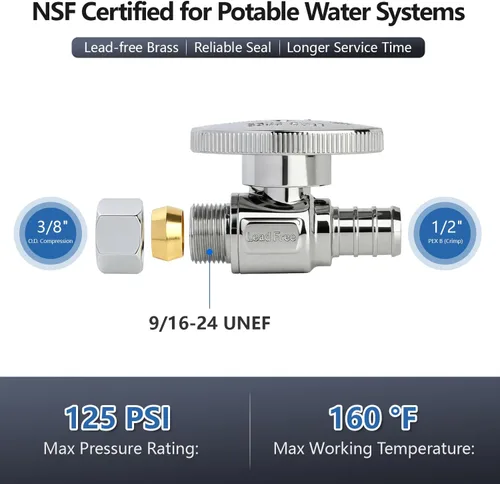 Miniatura 2 de Válvula de Apagado WiseWater 1/2" PEX x 3/8" de Compresión, 1/4 Vuelta con 10 Abrazaderas de Acero Inoxidable, Latón Chapado en Cromo PEX de Cierre