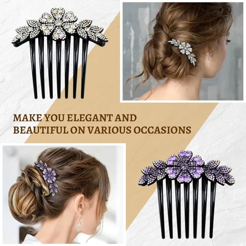 Miniatura 2 de inSowni Paquete de 6 peines laterales de plástico negro con purpurina brillante para el cabello, con diseño de hojas y flores, horquillas