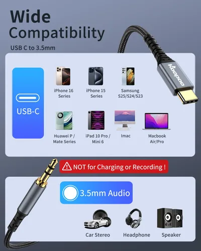 Miniatura 7 de Cable auxiliar USB C a auriculares de 6.6 pies, USB C a 0.138 in, cable estéreo de automóvil compatible con iPhone 15 Plus/15 Pro Max, Galaxy S23