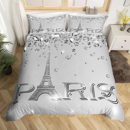 Miniatura 21 de Erosebridal Funda de edredón de la Torre Eiffel para niñas, juego de ropa de cama romántica de París azul, negro y blanco, funda de edredón