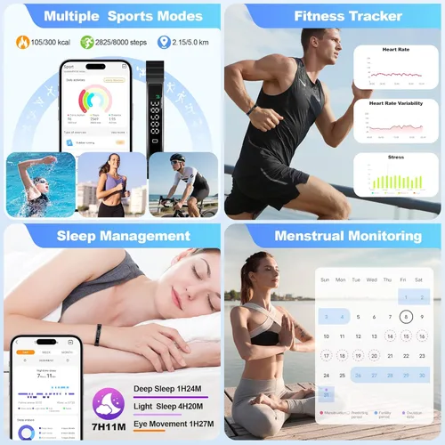 Miniatura 3 de Pulsera inteligente para mujer, rastreador de actividad de salud, monitor de frecuencia cardíaca y estrés 24/7, monitor de sueño 24H, pulsera Negro