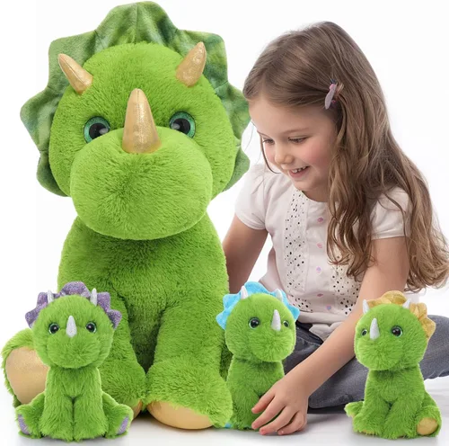 Muiteiur Triceratops - Animal de peluche gigante de dinosaurio para mamá con 3 bebés pequeños, juguete de dinosaurio de felpa suave verde, regalo