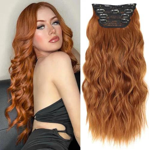 Miniatura 51 de ALXNAN Extensiones de cabello sintético largo y ondulado con clip, de 16 pulgadas, color negro natural, 4 piezas gruesas, fibra de doble trama