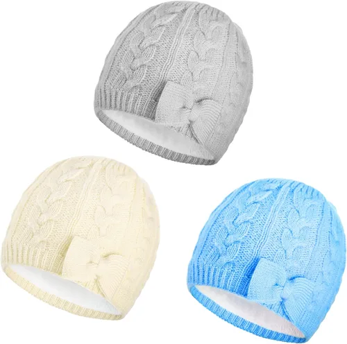 3 Pieces Fleece Lined Baby Beanie with Bow, Infant Newborn Toddler Kids Winter Warm Knit Cap for Boys Girls