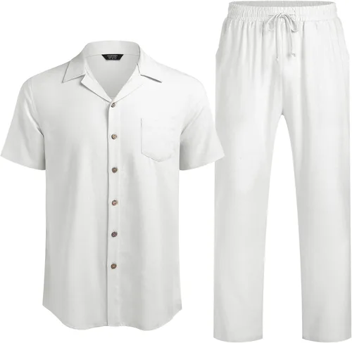 Miniatura 2 de COOFANDY Conjunto de ropa de lino de 2 piezas para hombre camisa con botones y pantalones sueltos