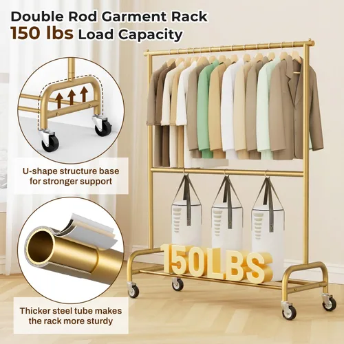Miniatura 2 de MISSLO Perchero resistente para ropa con ruedas, para colgar ropa, para abrigo, vestuario, dorado (doble barra)