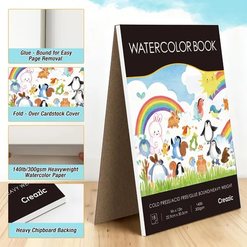 Miniatura 7 de Creazic Bloc de Papel para Acuarela, 9"x12" Cuaderno de Acuarela, 140 lb/300 gsm, 18 Hojas Prensado en Frío - Sin Sangría, Papel de Arte Pesado