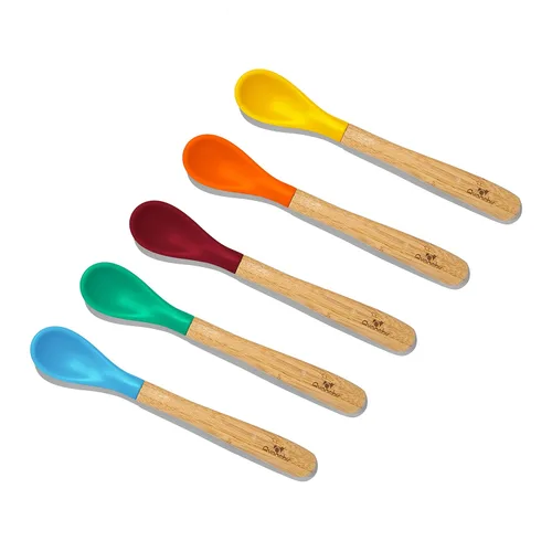 Avanchy Cucharas de entrenamiento para bebés de bambú y silicona, sin BPA, punta suave, fácil de encías, utensilios de alimentación de primera etapa