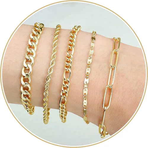 Miniatura 9 de KesaPlan Pulsera de moda para mujer, chapado en oro real de 14 quilates, delicado eslabón cubano con clip de cuerda, paquete de pulseras para niñas