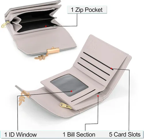 Miniatura 70 de UTO - Cartera pequeña RFID de piel sintética con dije de hoja, cierre de cremallera y tarjetero.