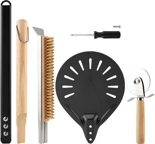 Miniatura 3 de Kit de accesorios para horno de pizza con cepillo para horno de pizza y raspador de piedra, mango largo perforado de aluminio de 7.8 pulgadas, rueda
