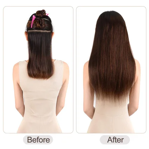 Miniatura 6 de 5 Piezas de extensiones de cabello humano Remy con clip - Extensiones de cabello real sedoso, corto y grueso para mujeres y niñas