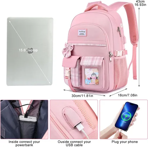 Miniatura 7 de Mochila escolar para adolescentes y niñas, mochila para laptop para mujeres, universidad, mochilas, mujer, morrales, escuela niñas Rosa