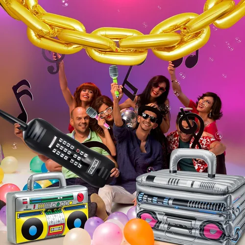 Miniatura 5 de Cunhill 29 piezas de decoraciones de fiesta de los años 80 y 90 incluyen caja inflable Boom Box, enfriador de bebidas, 20 globos de cadena de papel