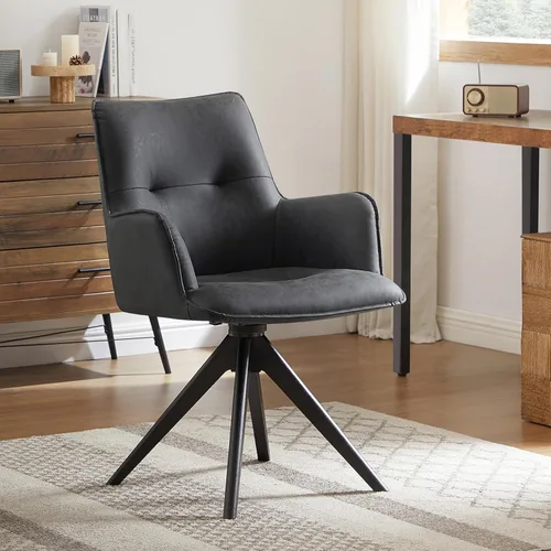 Art Leon Silla de escritorio giratoria – Silla de oficina tapizada de piel sintética sin ruedas, sillón moderno de mediados de siglo con patas de